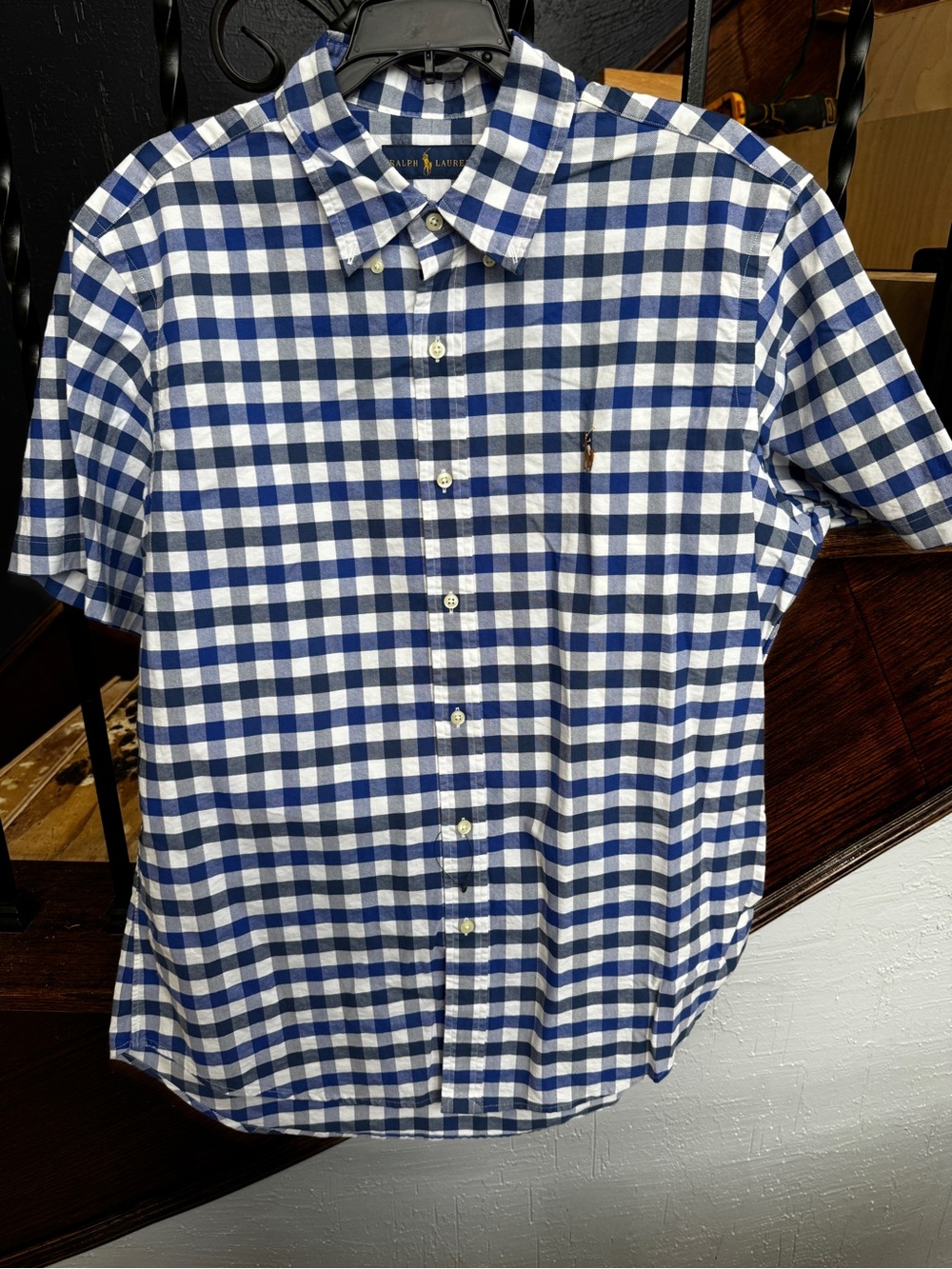 Men’s Large Ralph Lauren Navy and White Gingham Short-Sleeve Button-Down Shirt